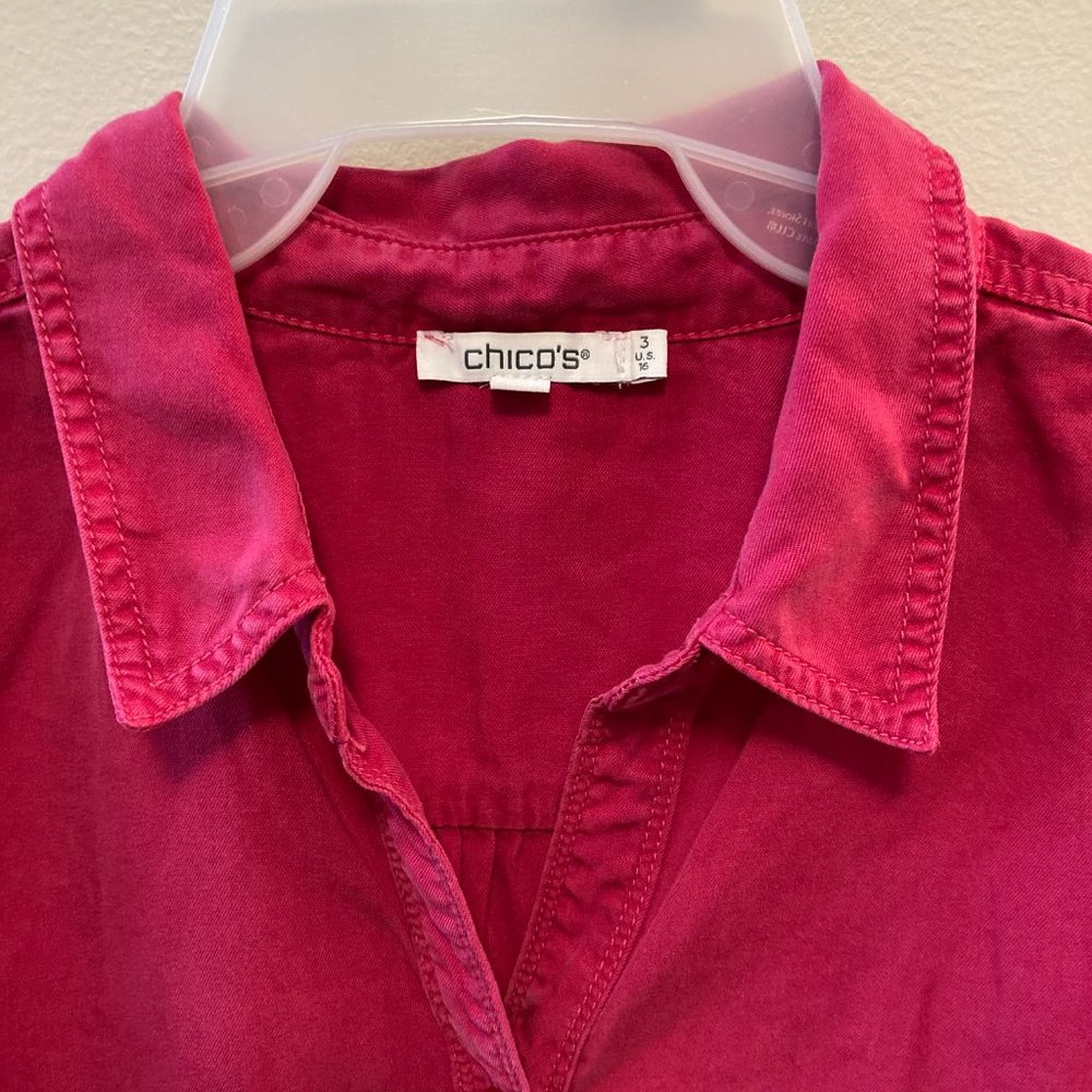 NWT Chico's Denim Shirt Sz 3 (16) Solid & Eyelet Sleeve Very Cherry Grandmacore - Picture 3 of 12